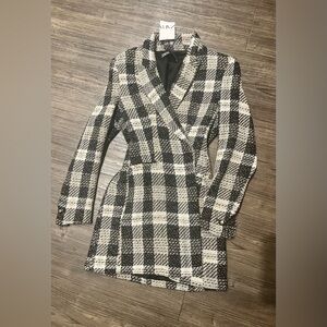 ZARA WOMEN'S LONG TEXTURED CHECK BLAZER ECRU BLACK (L)  NWT